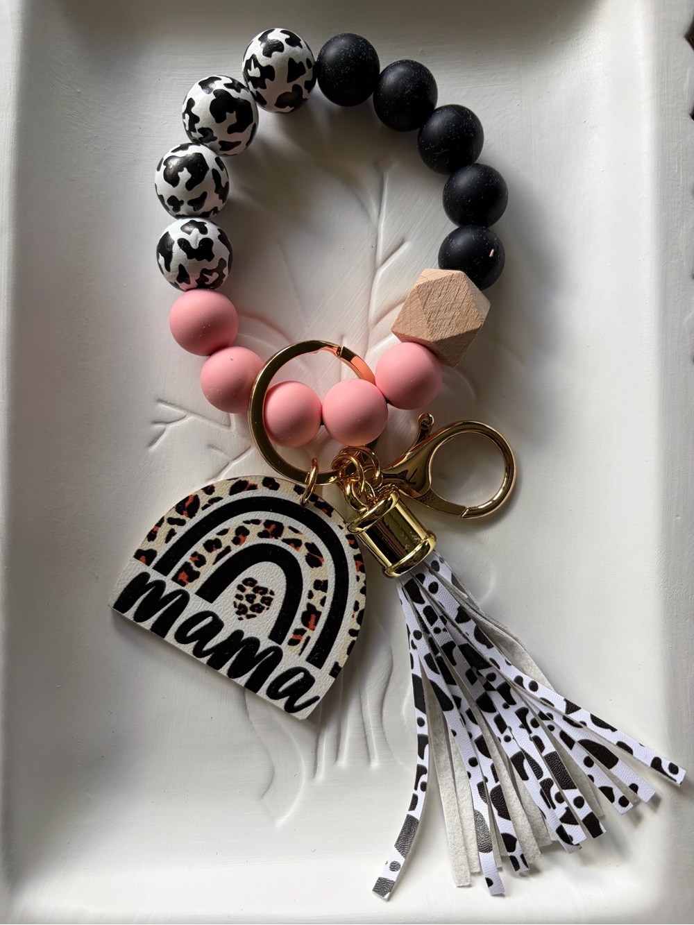 Mama Rainbow Beaded Keychain Wristlet - Pink, Black & White